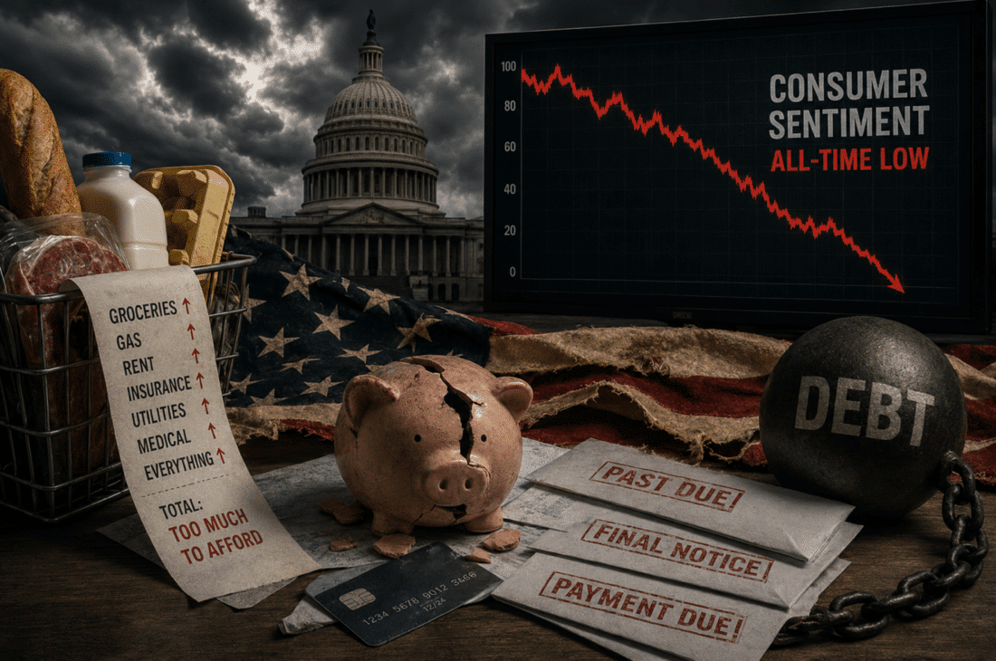 Broken piggy bank, overdue bills, debt chain, and collapsing consumer sentiment chart symbolizing fears of economic collapse in America