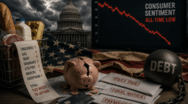Broken piggy bank, overdue bills, debt chain, and collapsing consumer sentiment chart symbolizing fears of economic collapse in America