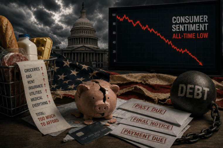 Broken piggy bank, overdue bills, debt chain, and collapsing consumer sentiment chart symbolizing fears of economic collapse in America