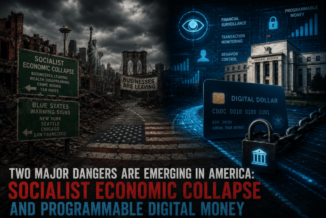 Dystopian image showing socialist economic collapse in American cities alongside programmable digital money, CBDC surveillance, FedNow infrastructure, and financial control systems