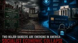 Dystopian image showing socialist economic collapse in American cities alongside programmable digital money, CBDC surveillance, FedNow infrastructure, and financial control systems