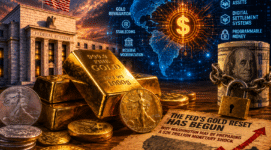 Gold bars and silver coins in front of the Federal Reserve building with digital dollar network graphics symbolizing the Fed’s Gold Reset and a potential monetary system transformation