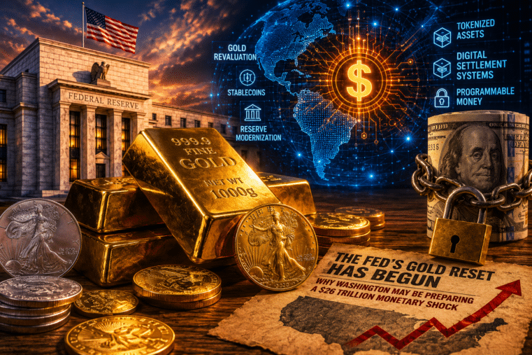 Gold bars and silver coins in front of the Federal Reserve building with digital dollar network graphics symbolizing the Fed’s Gold Reset and a potential monetary system transformation
