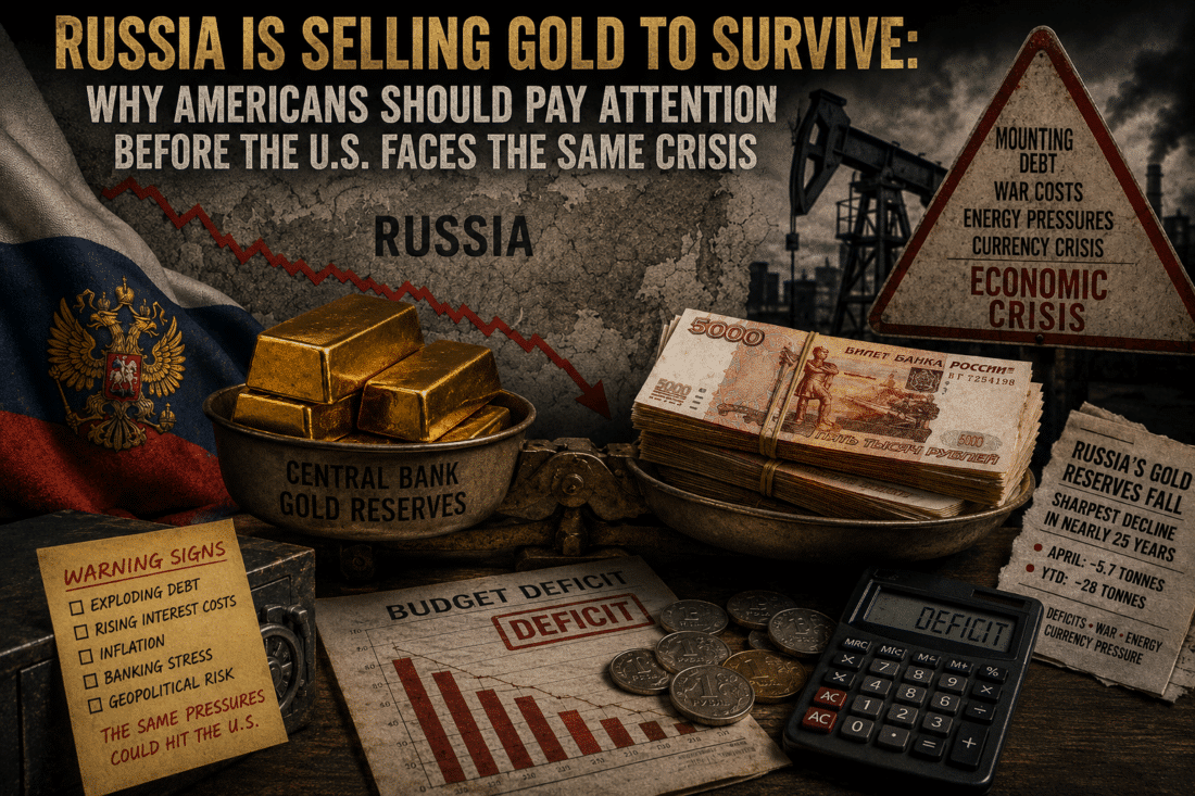 US debt crisis warning illustrated by Russia selling gold reserves amid inflation, deficits, economic instability, and currency pressure