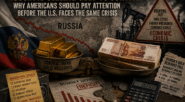 US debt crisis warning illustrated by Russia selling gold reserves amid inflation, deficits, economic instability, and currency pressure
