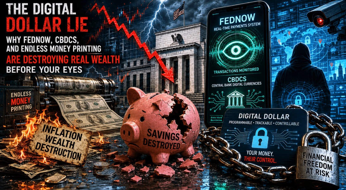 FedNow digital dollar surveillance illustration with destroyed savings piggy bank and collapsing US currency