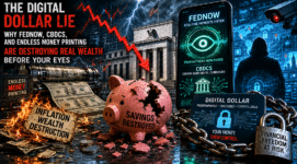 FedNow digital dollar surveillance illustration with destroyed savings piggy bank and collapsing US currency
