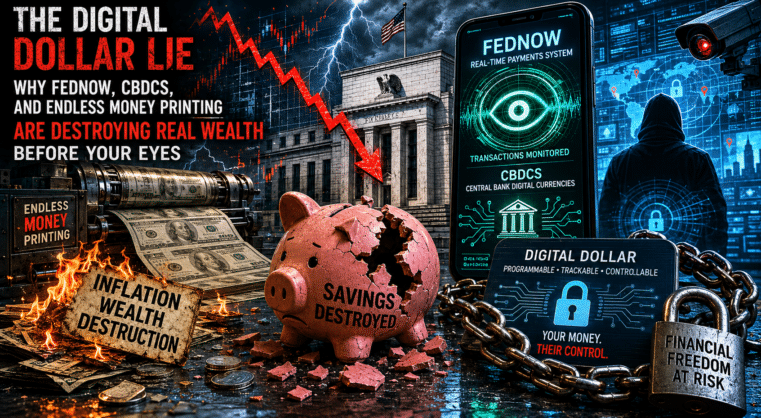 FedNow digital dollar surveillance illustration with destroyed savings piggy bank and collapsing US currency