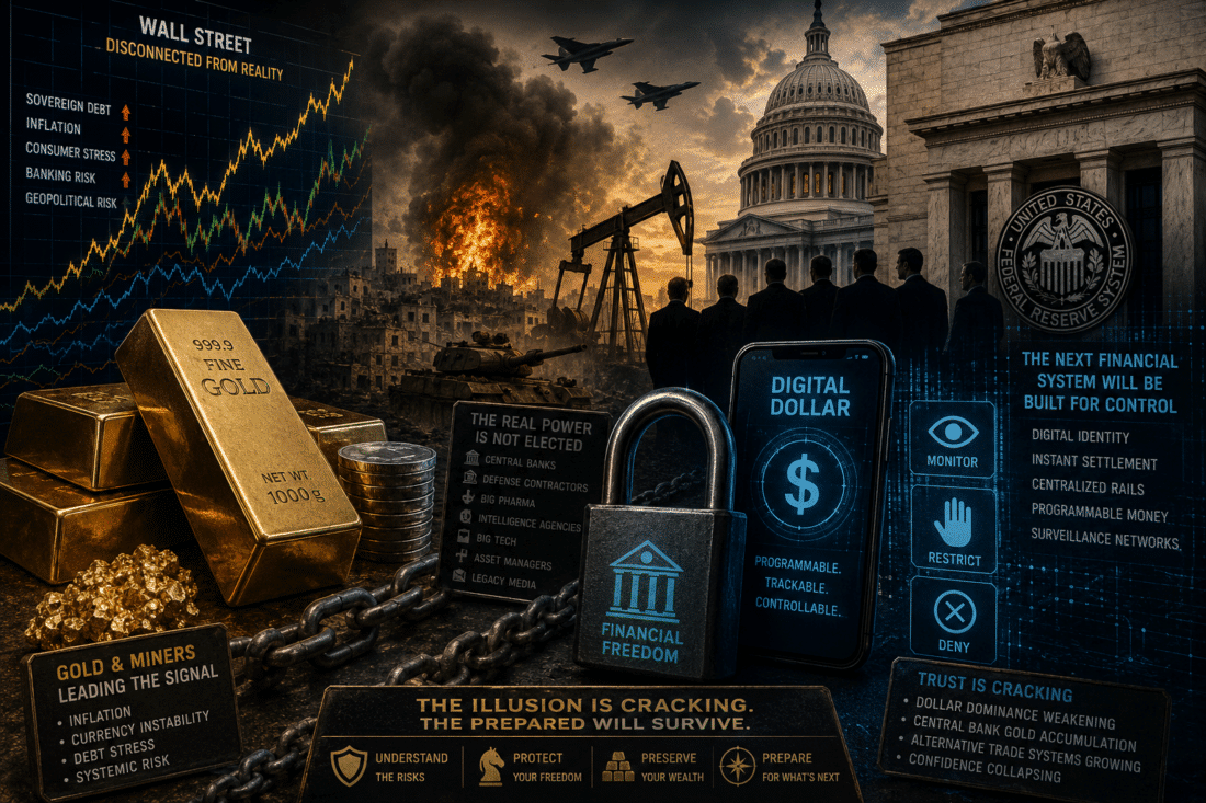 Digital dollar surveillance system beside gold bars, war explosions, Wall Street market charts, the Federal Reserve, and collapsing global financial stability