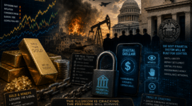 Digital dollar surveillance system beside gold bars, war explosions, Wall Street market charts, the Federal Reserve, and collapsing global financial stability