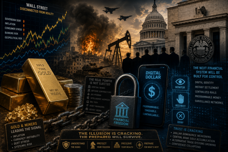 Digital dollar surveillance system beside gold bars, war explosions, Wall Street market charts, the Federal Reserve, and collapsing global financial stability