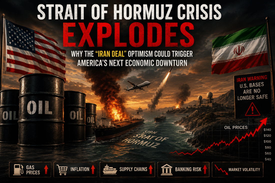 Oil barrels beside U.S. and Iranian flags as oil prices surge during escalating Strait of Hormuz crisis