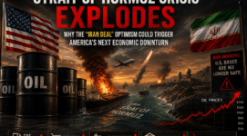 Oil barrels beside U.S. and Iranian flags as oil prices surge during escalating Strait of Hormuz crisis