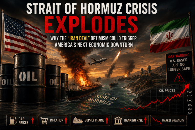Oil barrels beside U.S. and Iranian flags as oil prices surge during escalating Strait of Hormuz crisis