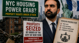 Private property rights concerns over NYC Mayor Zohran Mamdani housing plan featuring property seizure warning signs and community ownership messaging