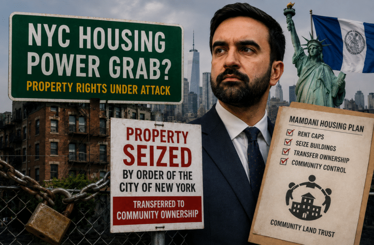 Private property rights concerns over NYC Mayor Zohran Mamdani housing plan featuring property seizure warning signs and community ownership messaging