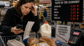 Consumer confidence falling as stressed American shopper struggles with rising grocery prices, inflation, and economic uncertainty in supermarket checkout line