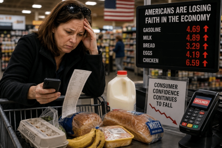 Consumer confidence falling as stressed American shopper struggles with rising grocery prices, inflation, and economic uncertainty in supermarket checkout line