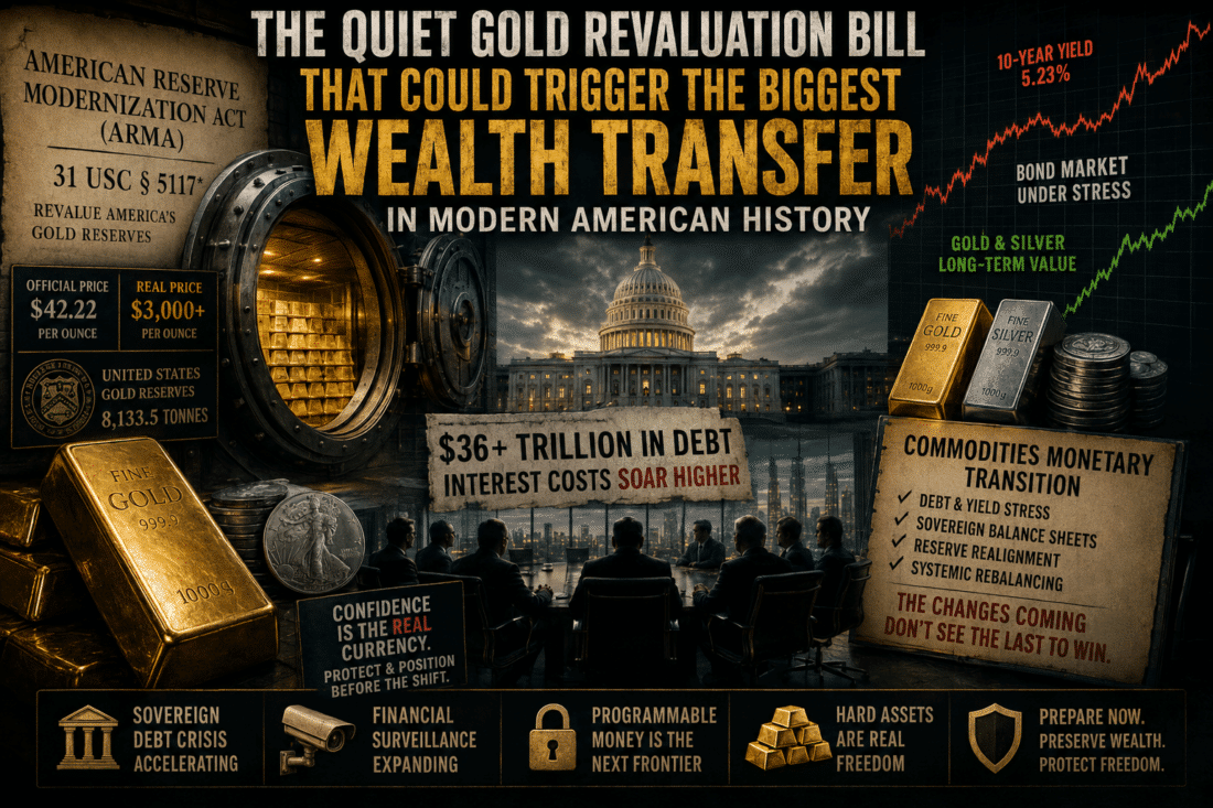The Quiet Gold Revaluation Bill, U.S. Capitol, gold vault, rising bond yields, and wealth transfer themes tied to monetary reset and gold reserve revaluation.