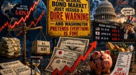 Illustration of the US debt crisis showing rising Treasury bond yields, inflation, exploding government debt, a broken piggy bank, and Washington ignoring warnings from global bond markets.