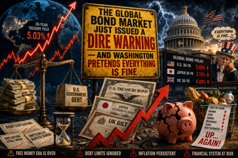Illustration of the US debt crisis showing rising Treasury bond yields, inflation, exploding government debt, a broken piggy bank, and Washington ignoring warnings from global bond markets.