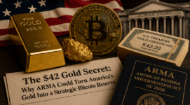 Gold bar, Bitcoin coin, U.S. Treasury gold certificates, and ARMA legislation documents representing national debt gold concerns, gold revaluation, and America’s proposed Strategic Bitcoin Reserve