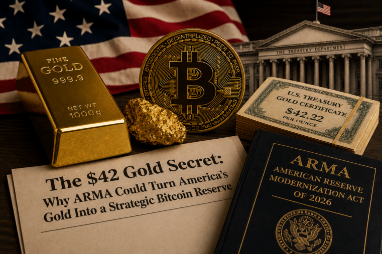 Gold bar, Bitcoin coin, U.S. Treasury gold certificates, and ARMA legislation documents representing national debt gold concerns, gold revaluation, and America’s proposed Strategic Bitcoin Reserve