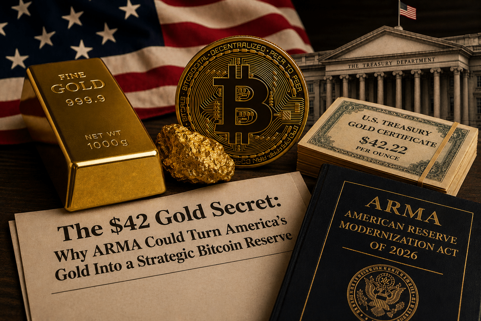 Gold bar, Bitcoin coin, U.S. Treasury gold certificates, and ARMA legislation documents representing national debt gold concerns, gold revaluation, and America’s proposed Strategic Bitcoin Reserve