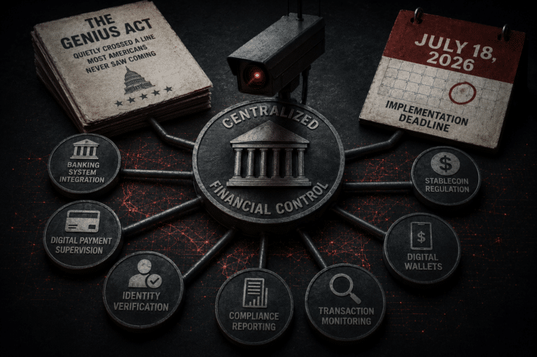 GENIUS Act stablecoin regulation connected to centralized financial control, digital wallets, transaction monitoring, and the July 18 2026 implementation deadline
