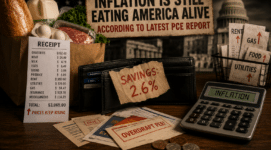 Groceries, rising bills, shrinking savings, overdraft fees, and inflation pressure on American households amid economic uncertainty.