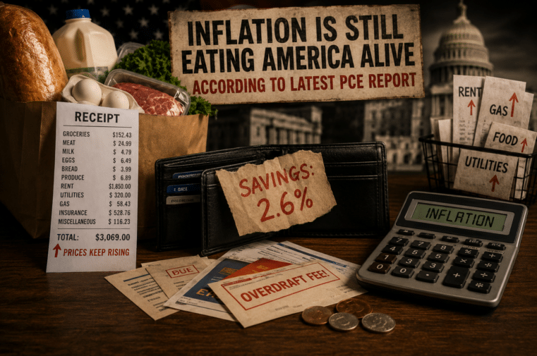 Groceries, rising bills, shrinking savings, overdraft fees, and inflation pressure on American households amid economic uncertainty.