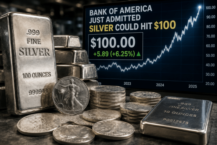 Silver price forecast chart showing silver bars and coins as Bank of America warns silver could hit $100 amid rising demand and economic uncertainty