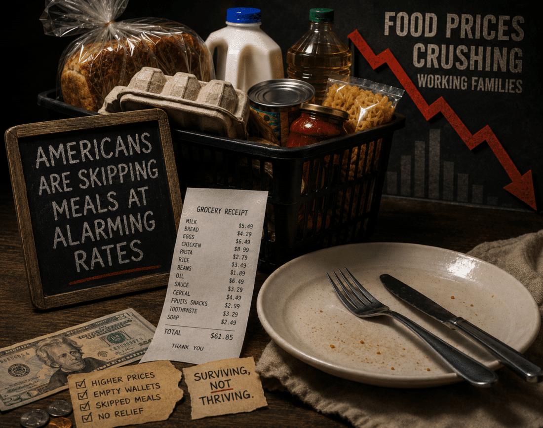 Empty dinner plate beside groceries and a rising cost chart representing rising food costs hurting working families in America.