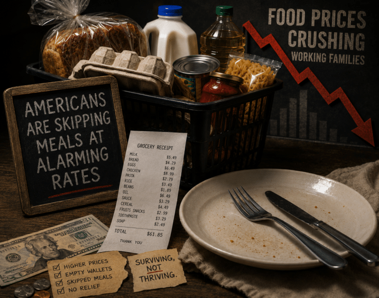 Empty dinner plate beside groceries and a rising cost chart representing rising food costs hurting working families in America.