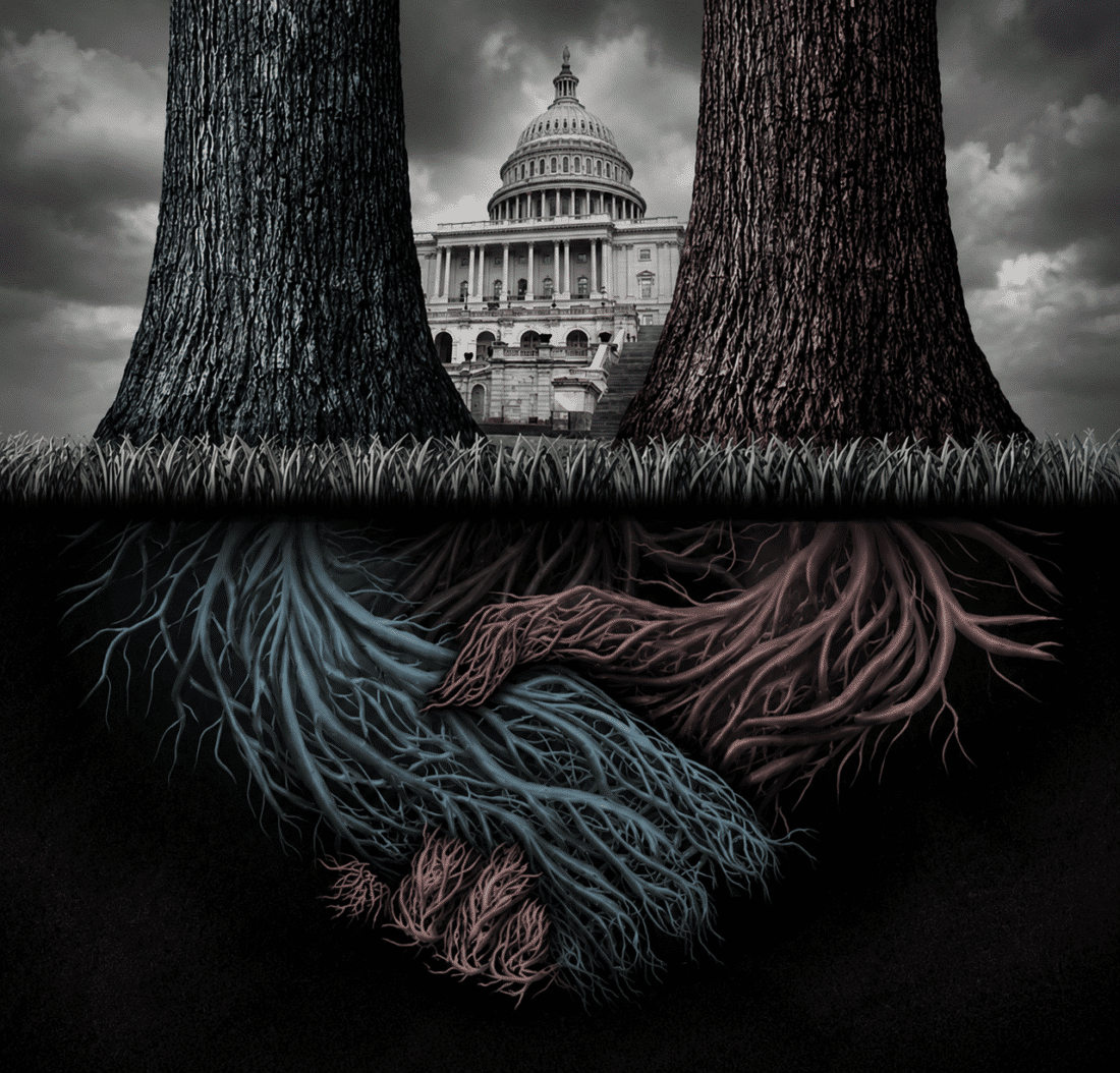 Illustration of the U.S. Capitol framed by two massive trees with intertwined underground roots symbolizing hidden government power, Deep State influence, surveillance networks, and growing US dollar collapse fears in Washington