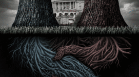 Illustration of the U.S. Capitol framed by two massive trees with intertwined underground roots symbolizing hidden government power, Deep State influence, surveillance networks, and growing US dollar collapse fears in Washington