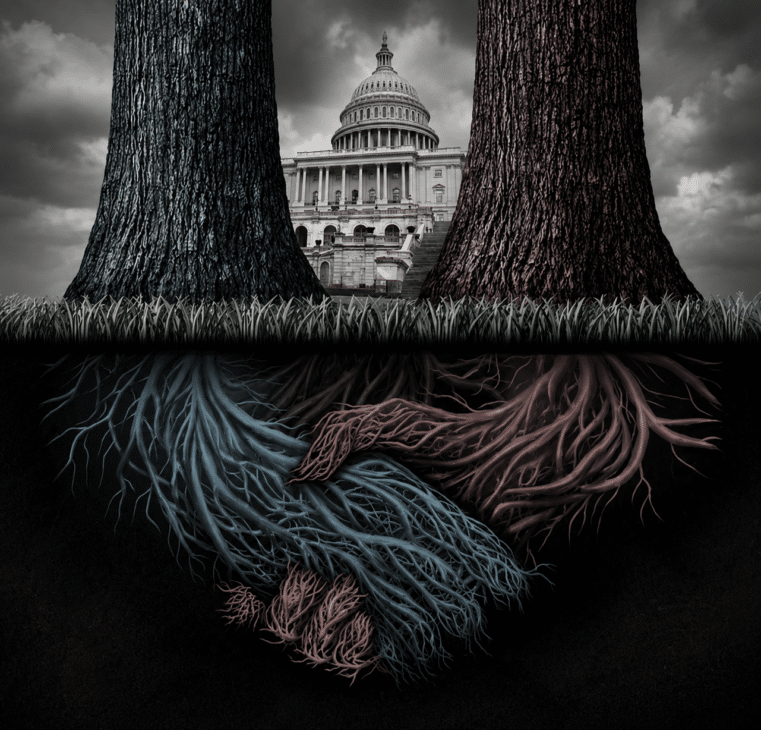 Illustration of the U.S. Capitol framed by two massive trees with intertwined underground roots symbolizing hidden government power, Deep State influence, surveillance networks, and growing US dollar collapse fears in Washington