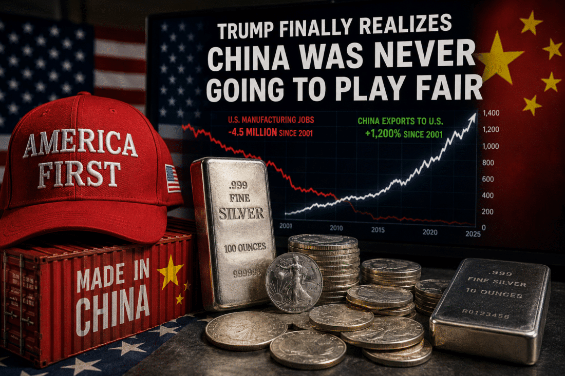 Trump trade war graphic showing China exports rising while American manufacturing declines amid accelerating deglobalization.