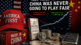 Trump trade war graphic showing China exports rising while American manufacturing declines amid accelerating deglobalization.