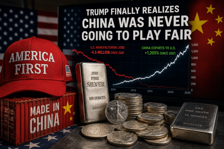 Trump trade war graphic showing China exports rising while American manufacturing declines amid accelerating deglobalization.