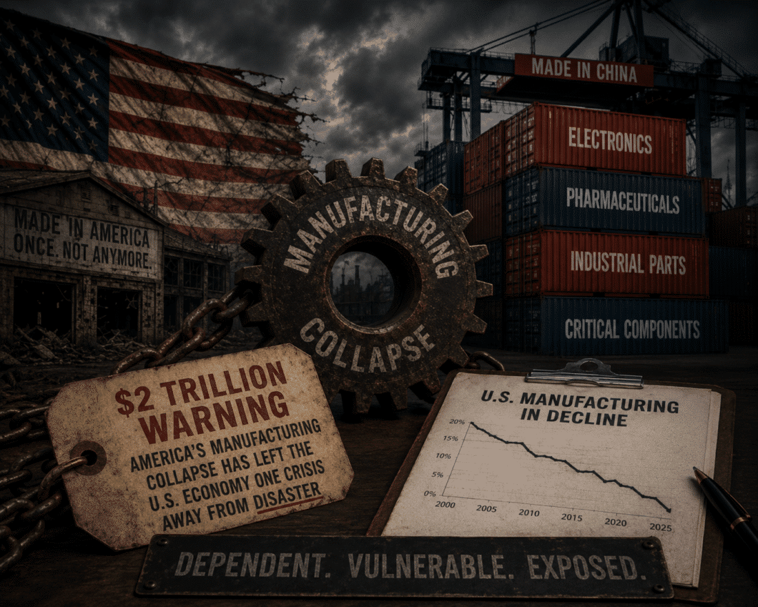 Fears of a US dollar collapse with abandoned American factories, a broken manufacturing gear, Chinese shipping containers labeled electronics and pharmaceuticals, a declining U.S. manufacturing chart, and a $2 trillion economic warning sign symbolizing America’s industrial and economic vulnerability.