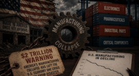 Fears of a US dollar collapse with abandoned American factories, a broken manufacturing gear, Chinese shipping containers labeled electronics and pharmaceuticals, a declining U.S. manufacturing chart, and a $2 trillion economic warning sign symbolizing America’s industrial and economic vulnerability.