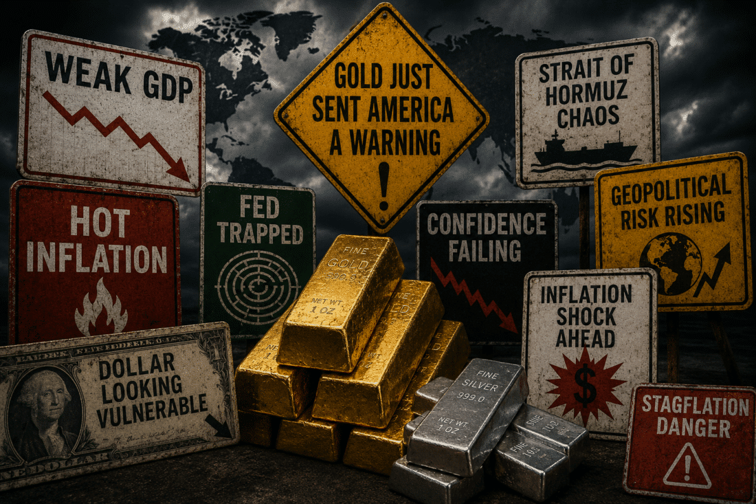 Gold price forecast graphic showing gold and silver bars surrounded by warning signs for weak GDP, hot inflation, dollar weakness, stagflation risk and Strait of Hormuz tensions.