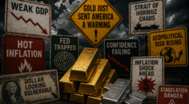 Gold price forecast graphic showing gold and silver bars surrounded by warning signs for weak GDP, hot inflation, dollar weakness, stagflation risk and Strait of Hormuz tensions.