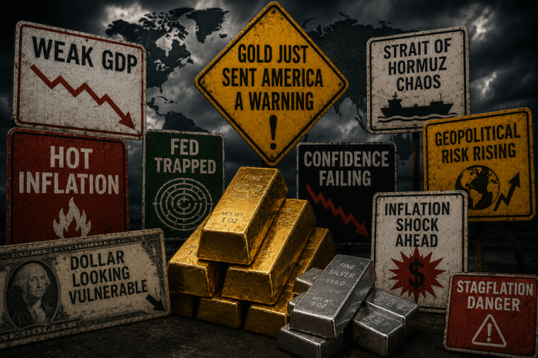 Gold price forecast graphic showing gold and silver bars surrounded by warning signs for weak GDP, hot inflation, dollar weakness, stagflation risk and Strait of Hormuz tensions.