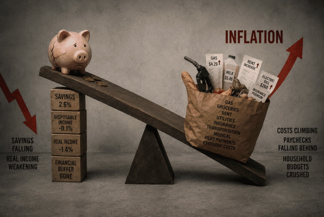 Illustration showing Americans draining savings as inflation drives up the cost of gas, groceries, rent, and utilities, highlighting the need to protect wealth from inflation.