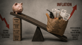 Illustration showing Americans draining savings as inflation drives up the cost of gas, groceries, rent, and utilities, highlighting the need to protect wealth from inflation.