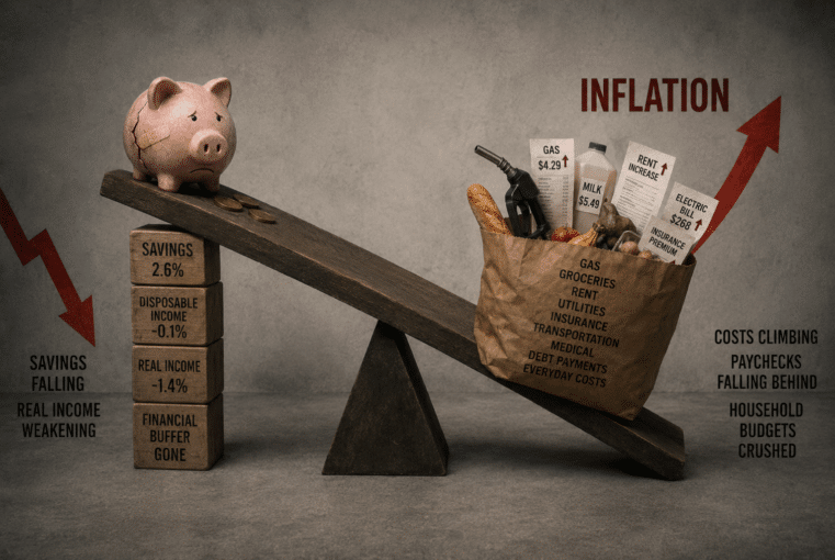 Illustration showing Americans draining savings as inflation drives up the cost of gas, groceries, rent, and utilities, highlighting the need to protect wealth from inflation.