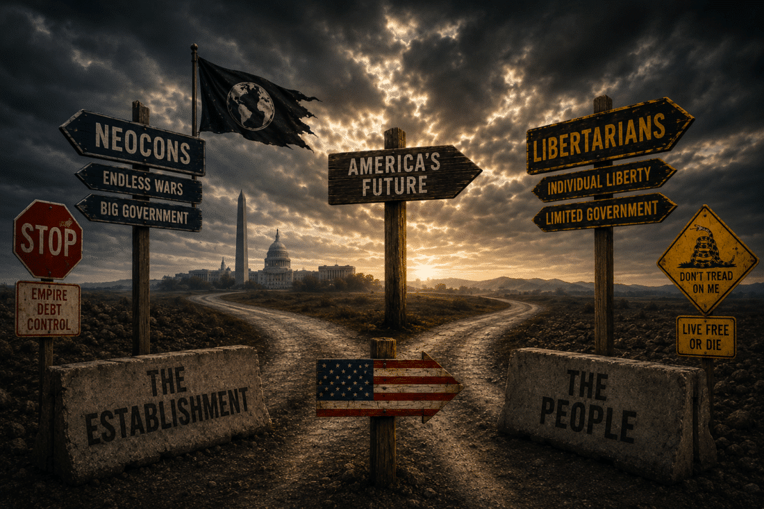 Libertarian Republicans versus the Republican establishment at a symbolic crossroads representing the battle over America's future, constitutional government, and foreign policy.
