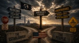 Libertarian Republicans versus the Republican establishment at a symbolic crossroads representing the battle over America's future, constitutional government, and foreign policy.